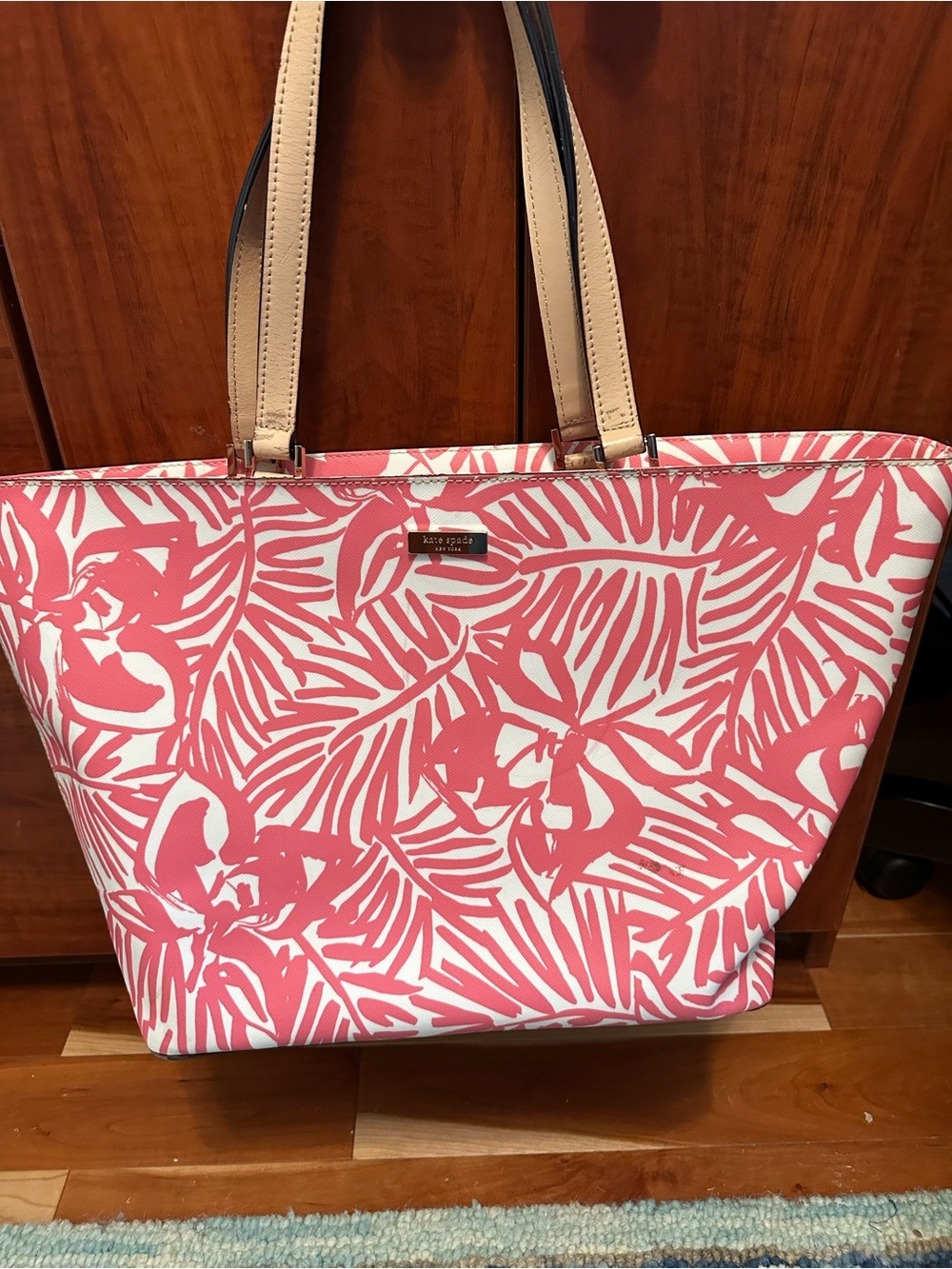 Kate spade Coral Pink Tropical beach bag tote with Tan leather Straps